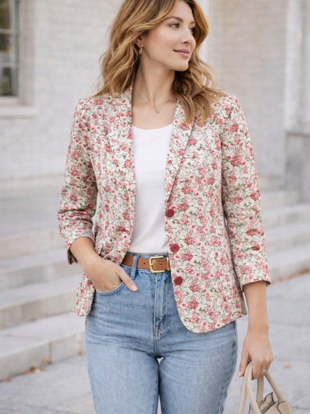 Talbots Cotton Ditsy Floral Blazer Red 3/4 Sleeve Lined Spring Office Boho 14 - Picture 3 of 11